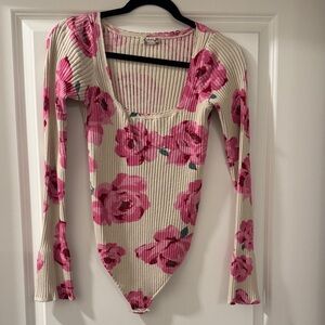 Free People Pink Floral Ribbed Bodysuit